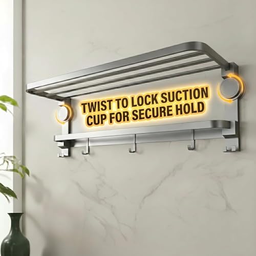 Image of Story@Home 24 Inches Premium Aluminium Finish Folding Towel Holder Rack for Bathroom, Rod with Hooks | Rack for Bathroom, Suction Towel Rack | Folding Towel Rack Floating No Drill Shelf - Grey