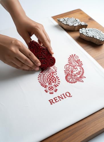 Image of RENIQ Wooden Printing Block for Fabric & DIY Craft | Handcrafted Indian Design Stamp for Textile, Pottery, Mehndi & Home Decor (Multicolor2)