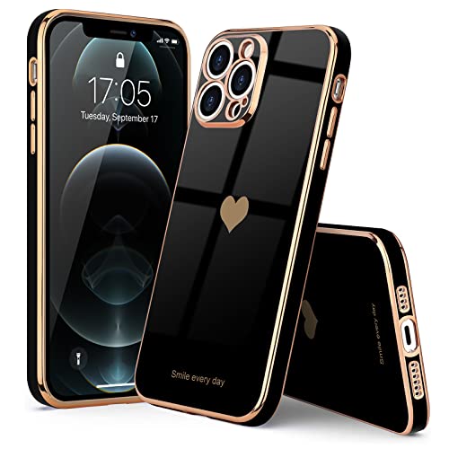 Teageo For Iphone 12 Pro Case For Women Girl Cute Love-Heart Luxury Bling Plating Soft Back Cover Raised Full Camera Protection Bumper Silicone Shockproof Phone Case For Iphone 12 Pro, Black #TOP6