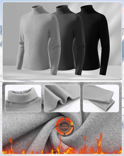 LessonZoo 3 Pack Boys Thermal Turtleneck Long Sleeve Fleece Tops, Compression Shirts Youth Basic Layer Warm Undershirt Winter(Light Gray, Dark Gray, Black,11-12 Years)