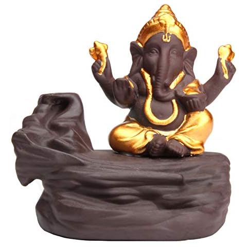 Keramik Rückfluss Räucherstäbchen-Halter - Gold Ganesha Hindu Gott Cover
