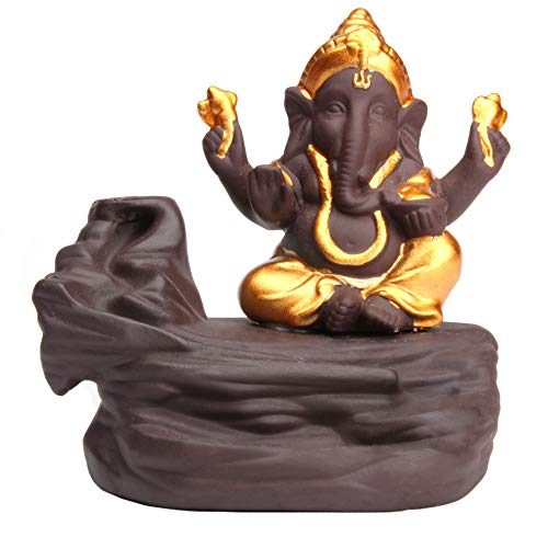 Keramik Rückfluss Räucherstäbchen-Halter - Gold Ganesha Hindu Gott - Backflow Räucherkegel - Edles Design - Handarbeit (11x12x9 cm) Cover