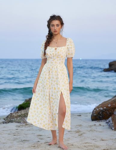 Image of Scarlet Darkness Women's Floral Corset Dress with Split 2026 Summer Spring Square Neck Midi Milkmaid Dresses
