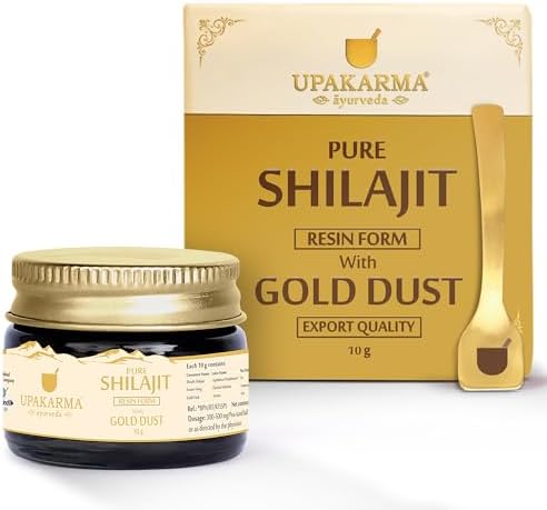 UPAKARMA Pure Shilajit Resin with Gold Dust 10g | 300mg/serving | Extensive Global Sourcing | Potent Ayurvedic Formula with 24 Carat Gold | Lab-Tested Purity | 33 Servings