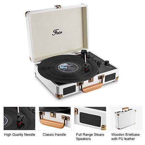 Vinyl Record Player Bluetooth with Speakers 3 Speed Portable Turntable Suitcase Built in 2 Speakers RCA Line Out AUX Headphone Jack PC Recorder-White