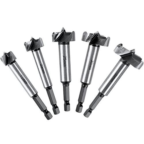 Flintronic Fresas Set, 5 PCS Juego de Brocas de Posicionamiento Ajustable (15~35 mm) Brocas de Carburo con Vástago Hexagonal para taladro manual/taladro de banco/madera maciza, corcho, férula