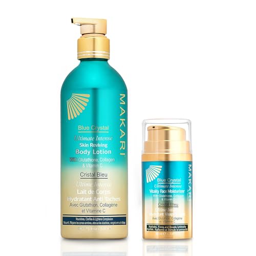 MAKARI Ultimate Intense Blue Crystal Skin Care Duo: Body Lotion (16.8 oz) & Face Moisturizer (50 ml) | Glutathione & Collagen-Enriched for Hydrating, Revitalizing | Ideal for All Skin Types