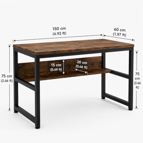 Image of Study Table for Home | with Under-Desk Storage Shelf | Wooden Industrial Computer Table for Home Office & Gaming | Rustic Wood & Black Metal Frame | Rustic Brown | 150x60x75 cm