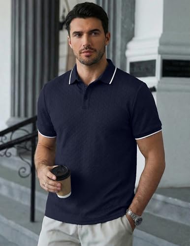Image of JMIERR Mens Casual Polo Shirt Short Sleeve Vacation Button Summer Beach Knit Stretchy Golf Shirts
