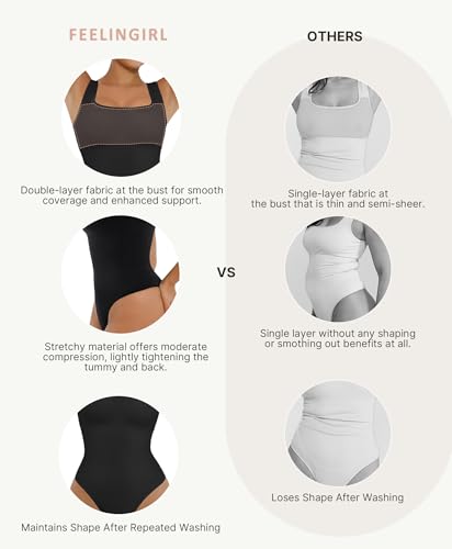 Image of FeelinGirl Bodysuits for Women Seamless Square Neck Tummy Control Compression Thong Shapewear Bodysuit Tank Tops Bodysuit