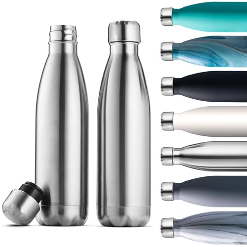 2 Pack 500ml Stainless Steel Insulated Water Bottles, Double-Wall Vacuum Insulated, Leakproof & Shatterproof, 24-Hour Cold & 12-Hour Hot, BPA-Free, Travel-Friendly, Gym, Office (Stainless Steel)