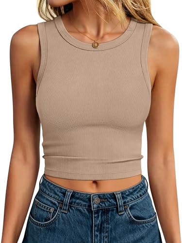 Image of ANRABESS Womens Crop Tank Tops High Neck Sleeveless Ribbed Knit Slim Fit Shirts 2026 Summer Casual Basic Workout Clothes