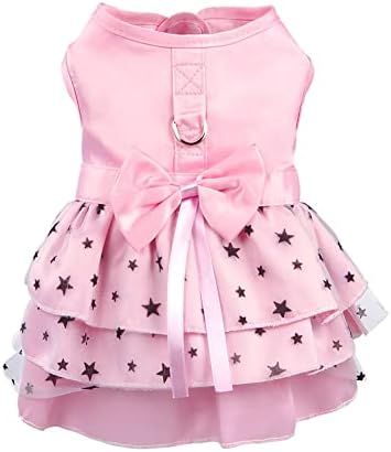 Hdwk&Hped Dog Dress with Leash Ring, Princess Multi-Layer Pleated Skirt Pentagram Bow Pet Dress for Small Dog Puppy Cat Pink #2