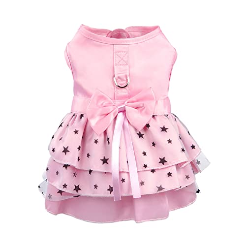 HdwkHped Dog Dress with Leash Ring Princess Multi Layer Pleated Skirt Pentagram Bow Pet Dress for Small Dog Puppy Cat Pink 3