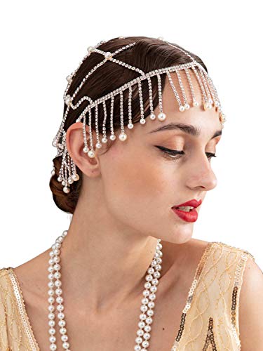 SWEETV Silver 1920s Headpiece Rhinestone - Flapper Headband Beaded Cap Art Decor 20s Accessories for The Great Gatsby Party