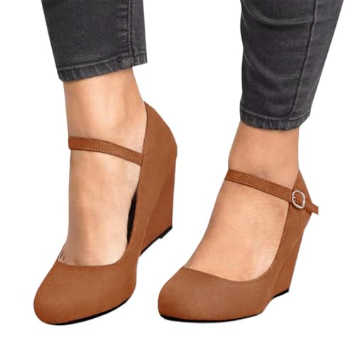 Image of Coutgo Womens Wedge Pumps Dressy Mary Jane Shoes Comfort Wedges Closed Toe Ankle Strap Heeled Shoes