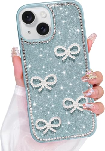 Image of DIZORO Compatible for iPhone 13 / iPhone 14 Cover 6.1, Luxury Diamond Cute with Bow Glitter Bling Case with Full Camera Protection PC+TPU Glossy Shiny Back Cover Case for Girls Women (Green)