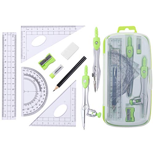 Unjoo Math Geometry Kit Sets 10 Piece Student Supplies With Shatterproof Storage Box,Includes Rulers,Protractor,Compass,Eraser,Pencil Sharpener,Lead Refills,Pencil,For Drafting And Drawings（Green） #TOP1