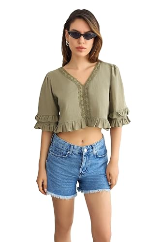 Hiccup Cropped V-Neck Ruffled Blouse