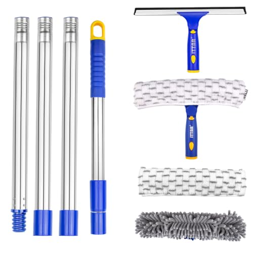 Image of Window Squeegee with 75 inch Extension Pole, ITTAR Rubber Water Wiper for Glass | Durable Stainless Steel Rod, Rotatable Head for Window Edge, Chenille & Microfiber Pad, Squeegee for Variety Cleaning Needs