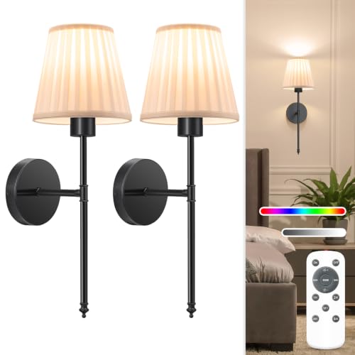 Image of NIORSUN 19.9 inch Battery Operated Wall Sconce Set of 2,Beige Black Rechargeable Wall Lights with 5200mAh Dimmable Bulbs and Remote,9 Colors Wireless Wall Lamps for Bedroom Living Room Decor