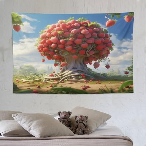 Tapisserie murale fruit fraise PAZZK 150×230cm en tissu à suspendre pour déco