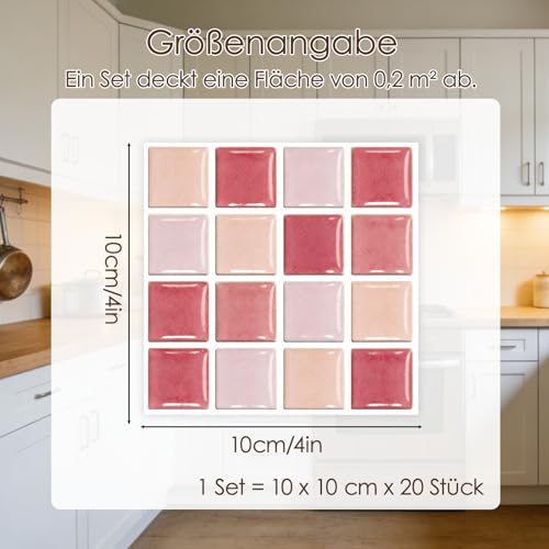 20PCS Fliesenaufkleber Mosaik Fliesen Klebefolie Selbstklebend 10cmx10cm Wandfliese Aufkleber Wasserdicht für Küche,Schrank,Möbel,Tisch (Rot)