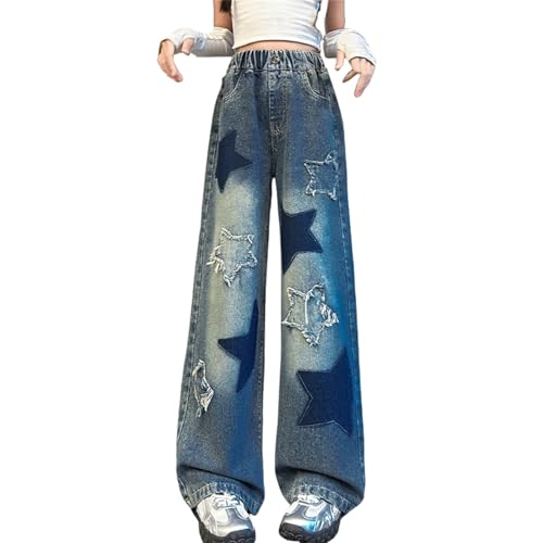 Girls Baggy Jeans Stretchy Waist Wide Leg Denim Pants with Star Embroidery Loose Fit Pants with Pockets for Kids