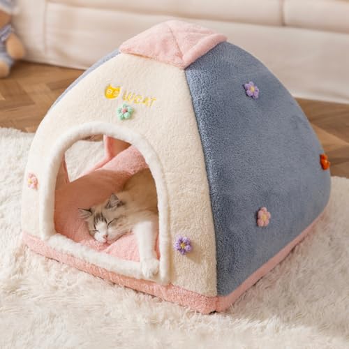 猫 ベッド 暖かい ペットハウス 冬用 ペットベッド 小型犬向け 猫ハウス 洗える 犬ベッド 可愛い 犬ハウス 寒さ対策 室内 滑り止め 保温 ふわふわ ぐっすり眠る クッション付き 猫犬用 快適 Kピンク