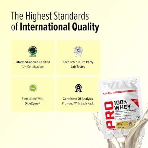 Image of GNC Pro Performance 100% Whey Protein | New Formulation | 24g Protein, 5.7g BCAAs, 12.3g EAAs | Added DigeZyme | Whey Isolate & Concentrate Blend, Low Carb (4.51g), No Added Sugar | Vanilla Cream, 35g