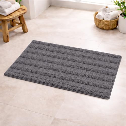Image of Premium Combed Cotton Tufted Bathmat 50 x 80 cm, 1800 GSM Soft Absorbent Anti Skid Bathroom Floor Mat with Latex Backing, Quick Dry Non Slip Bath Rug for Shower & Daily Use, Stripes Grey