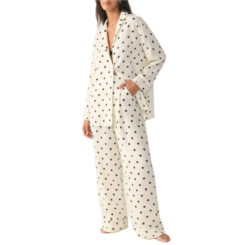 Image of Women Satin Pajama Sets Floral Silk Pajamas Pj Set | 2 Piece Lounge Sets, Button Down Long Sleeve Shirts and Wide Leg Pants Pjs Set, Christmas Holiday Valentine's Day Sleepwear