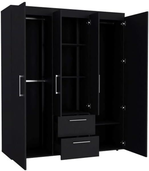 Pemberly Row Modern Armoire, Engineered Wood, Black Finish, 18.6" W x 15.5" D x 15.3" H, Includes Drawers, Clothing Rods, Shelves, Sleek Contemporary Design for Bedroom Storage