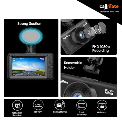 Image of Callmate Full HD 1080p Car Dashboard Camera, 3 Inch Display with Loop Recording (G-Sensor & Motion Detection) with Easy Installation & Secure Ride (Black, Suction Lock)