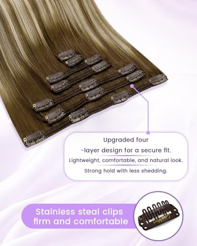 Image of LaaVoo Human Hair Clip in Extensions Dark Brown Ombre Light Brown with Blonde Hair Extensions 24 Inch Clip ins Brown Balayage Hair Extensions Clip ins Silky Straight 7pcs 135g