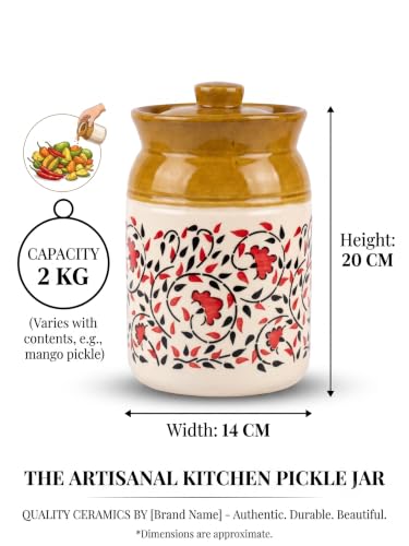 Image of 2 Kg Ceramic Storage Jar with Lid | Handcrafted Pickle Jar for Kitchen | Multipurpose Masala, Cookies, Snacks & Dry Fruit Container | Decorative Kitchen Canister (2 Litre)
