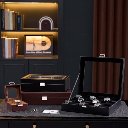 Image of ProCase Watch Box Organizer, 14 Slot Watch Display Case With Glass Lid, Watch Storage Holder Mens Watch Case, Anniversary Birthday Valentine Gifts for Men Women -14 Slot, Espresso&Beige