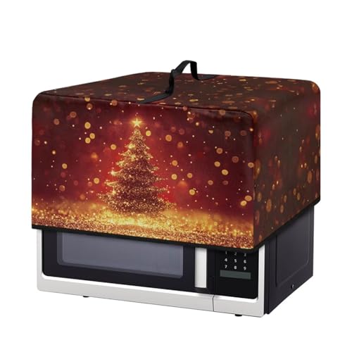 Image of Christmas Decor Microwave Oven Cover Washable Fabric Convection Toaster Oven Dust Cover Kitchen Appliance Protector, S, 18.25 x 14.5 x 11 Inches, Christmas Tree Gold Red
