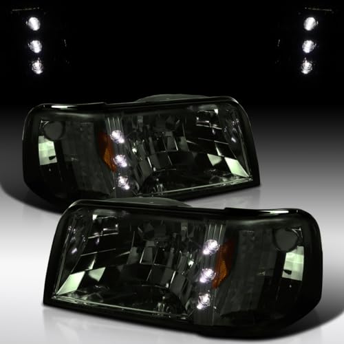Autozensation Compatible with 1993-1997 Ford Ranger L+R Pair Head Light Lamp Assembly Smoke Headlights w/LED Strip + Corner Lights