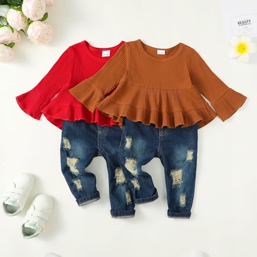 Image of Newborn Baby Girl Clothes Toddler Girl Outfits Ruffle Long Sleeve Tops Pants with Hats and Headband Fall Summer Clothes Sets