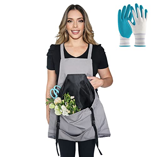 Gardening Apron With Pockets For Women Men Harvesting Apron With Adjustable Cross Back Garden Belt Wedding Egg Collecting Waterproof Cotton Canvas Gift For Gardener Mother’s Day(With 1 Pair Of Gloves) #TOP19