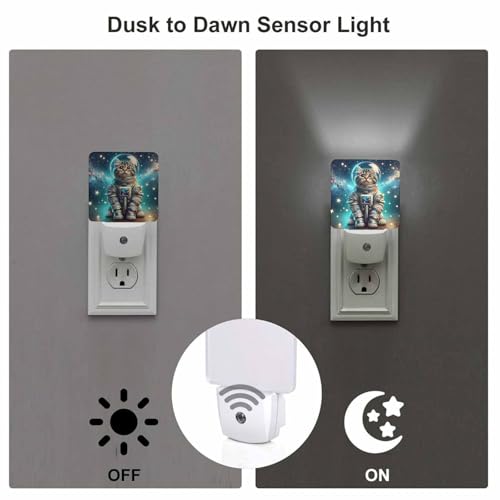 Image of LED Night Light,Kawaii Funny Astronaut Cat LED Night Light Plug into Wall with Dusk to Dawn Light Sensor White Energy Efficient Nightlight for Bedroom Bathroom Hallway Living Room Kitchen