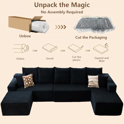 Image of Oversized Modular Sectional Sofa Couch, Large 6 Seater Corner Sofa Modern U Shaped Sectional Couch Cloud Couches for Living Room, Office, Spacious Space, Corduroy, No Assembly Required, Black