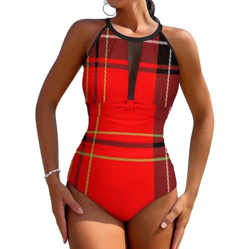 Womens One Piece Swimsuits Loop Neck Tummy Control Mesh Bathing Suits for Beach