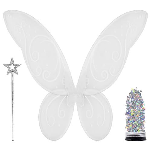 Funcredible White Costume Wings Star Wand & Glitter Adult Halloween & Festival Cosplay Accessory Set