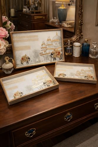 Image of Premium Wooden Serving Tray Set of 3 | Ethnic Indian Art Printed Tea, Coffee & Snack Trays | Decorative Multipurpose Home & Kitchen Serving Tray (F-06)