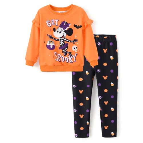 Disney Minnie Mouse Halloween Costumes Girls’ 2 Piece Outfit Ruffle Long Sleeve Shirt and Tropical Print Leggings Pullover and Pants Set for Fall Toddlers Girls Clothes Orange 3-4T