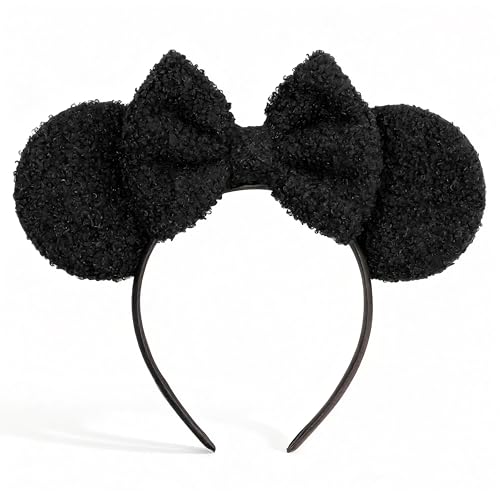 bianbaistar Fuzzy Fleece Headband for Women & Adults - Black Mouse Ears & Bow Headband Stretchy Lightweight Hair Hoop Comfortable for Daily Wear Parties & Carnivals