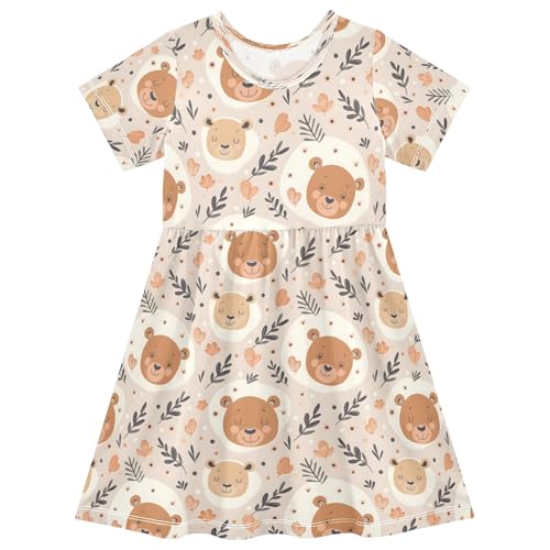 Summer Girl Dresses Cute Bear Head Drawing Toddler Short Sleeve A-line Dress Casual Sundress
