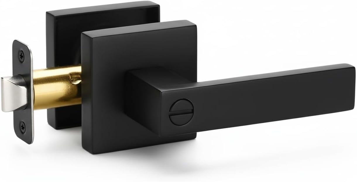 Black Door Lever with Lock for Bedroom Bathroom, Square Modern Design Privacy Door Handle Set, Matte Black Interior Door Knob with Turn Lock, Reversible for Left Right Hand, 2 Keys, Pack of 6